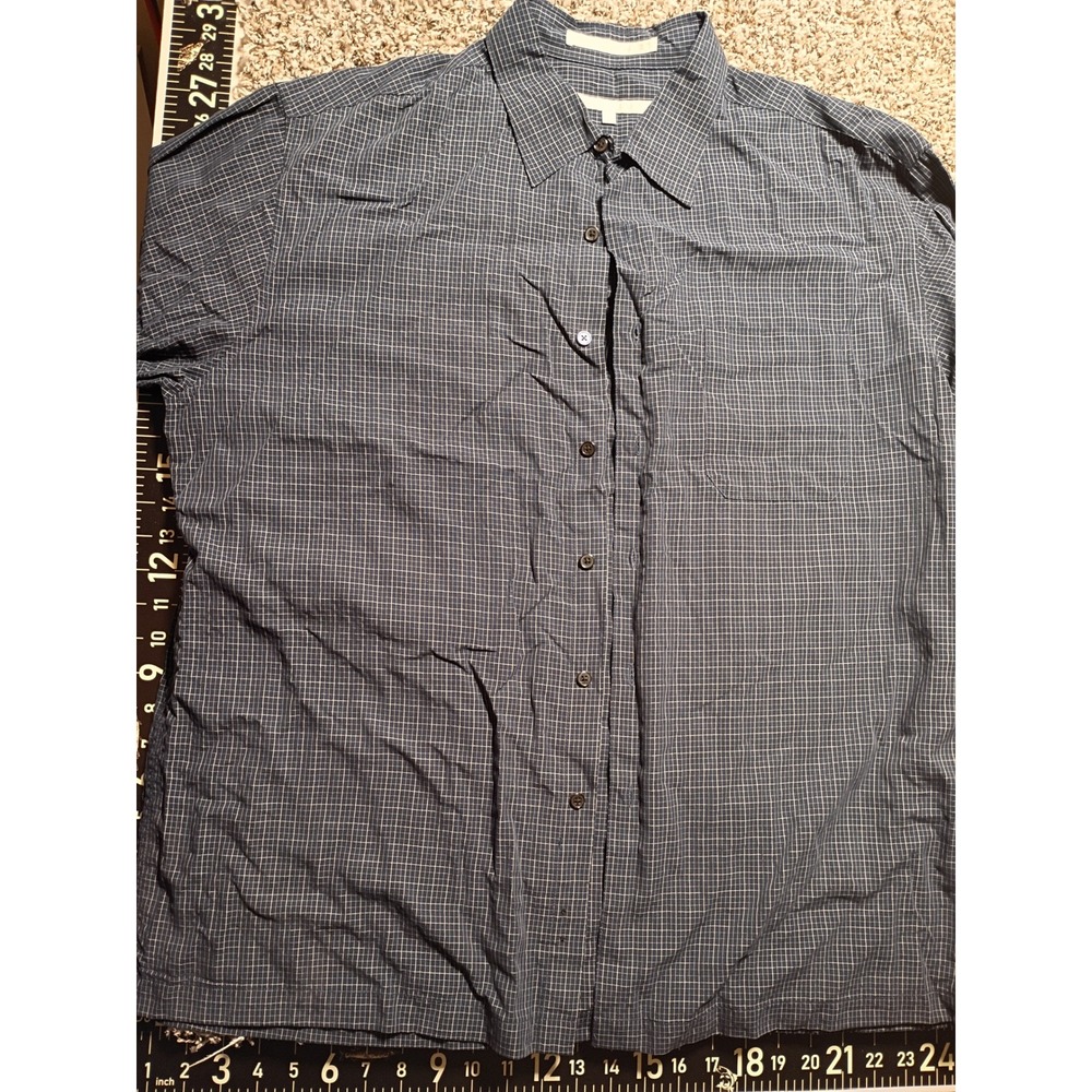 Perry Ellis Mens XL Blue Grid Button Down Shirt Long Sleeve Rayon Blend Pocket